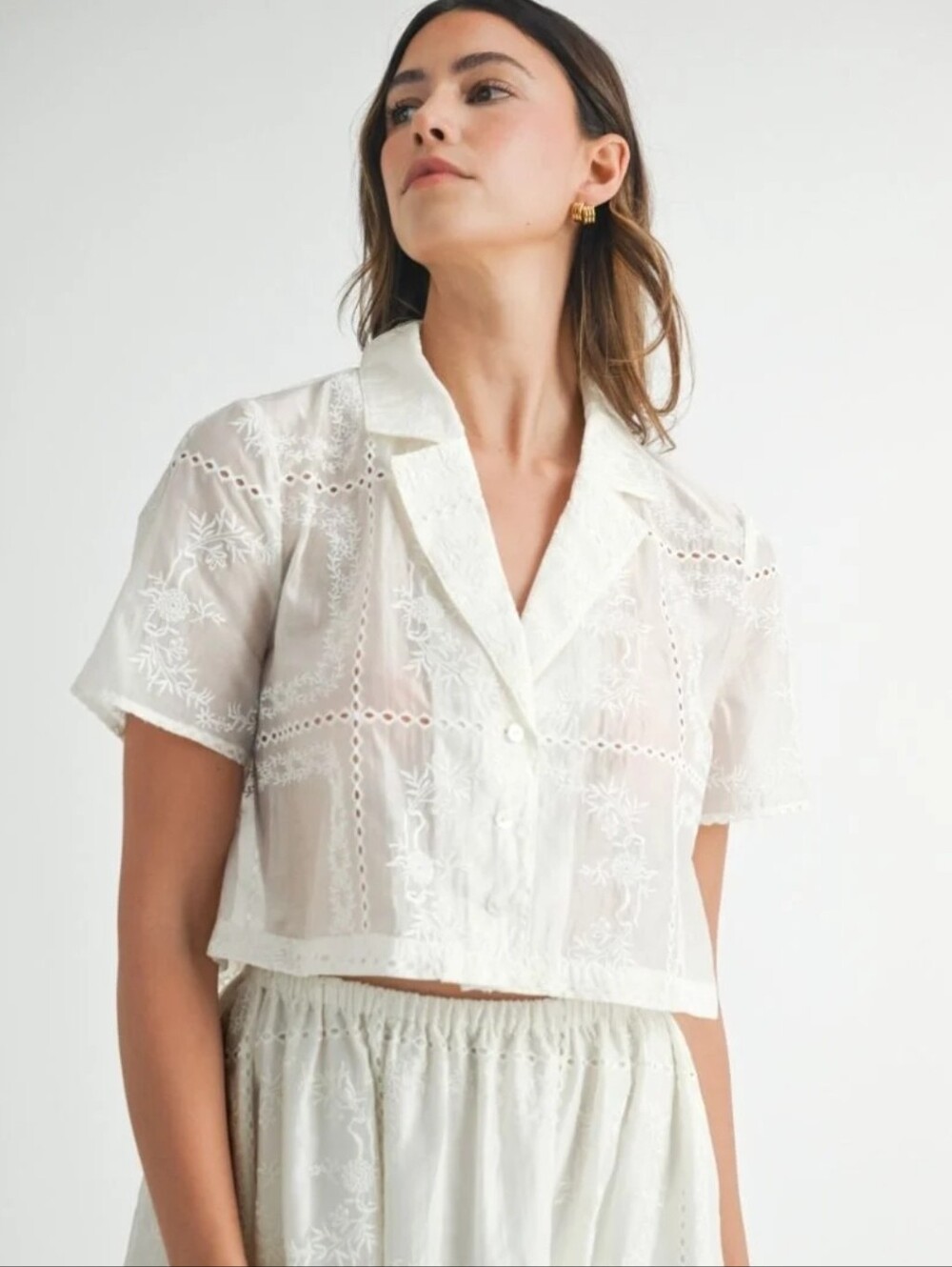 MABLE White Floral Eyelet Embroidered Crop Blouse Sheer Lace Shirt